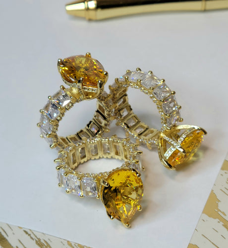 Princess Cut Yellow White Quartz Engagement Diamond Baguette Gold Ring CZ Band Hip Hop Jewelry Gift for her Women Accessories
