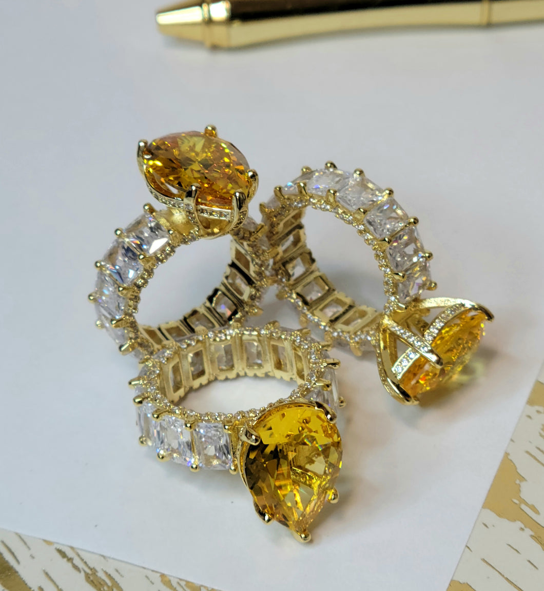 Princess Cut Yellow White Quartz Engagement Diamond Baguette Gold Ring CZ Band Hip Hop Jewelry Gift for her Women Accessories