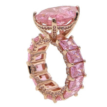 Load image into Gallery viewer, Princess Cut Pink Rose Quartz Engagement Diamond Baguette Rose Gold Silver Ring CZ Band Hip Hop Jewelry