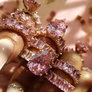 Princess Cut Pink Rose Quartz Engagement Diamond Baguette Rose Gold Silver Ring CZ Band Hip Hop Jewelry