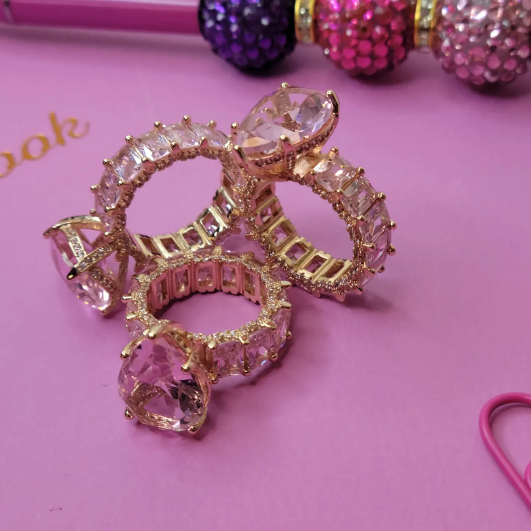 Princess Cut Pink Rose Quartz Engagement Diamond Baguette Rose Gold Silver Ring CZ Band Hip Hop Jewelry