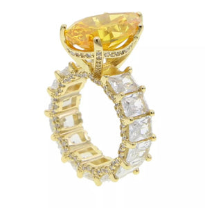 Princess Cut Yellow White Quartz Engagement Diamond Baguette Gold Ring CZ Band Hip Hop Jewelry Gift for her Women Accessories