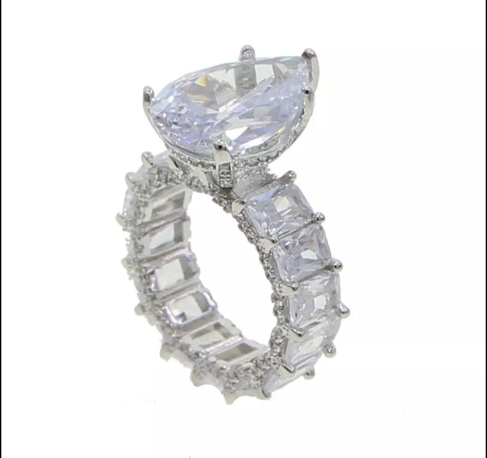 Princess Cut White Quartz Engagement Diamond Baguette Silver Ring CZ Band Hip Hop Jewelry Gift for her Women Accessories