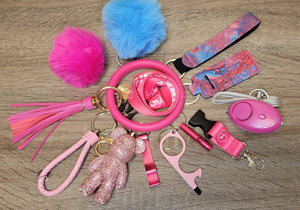 Safety Women Keychain Set Alarm Pom Pom Flashlight Lanyard Wristlet Key Lipstick  Gift her College Women Kids Accessories Easter Graduation