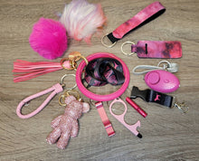 Load image into Gallery viewer, Safety Women Keychain Set Alarm Pom Pom Flashlight Lanyard Wristlet Key Lipstick  Gift her College Women Kids Accessories Easter Graduation