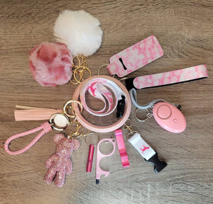 Safety Women Keychain Set Alarm Pom Pom Flashlight Lanyard Wristlet Key Lipstick  Gift her College Women Kids Accessories Easter Graduation