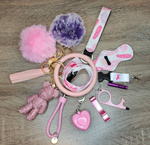 Load image into Gallery viewer, Safety Women Keychain Set Alarm Pom Pom Flashlight Lanyard Wristlet Key Lipstick  Gift her College Women Kids Accessories Easter Graduation